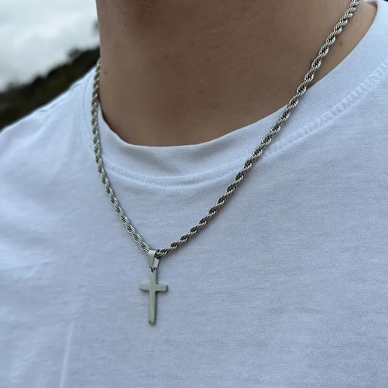 Men Stainless Steel Cross Pendant Necklace Hip Hop Simple Chain