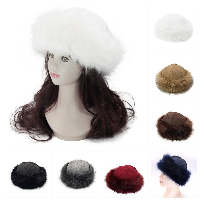 Women Suedette Faux Fur Beanie Hat Fleece Russian Cossack Ski Winter Warm Grey