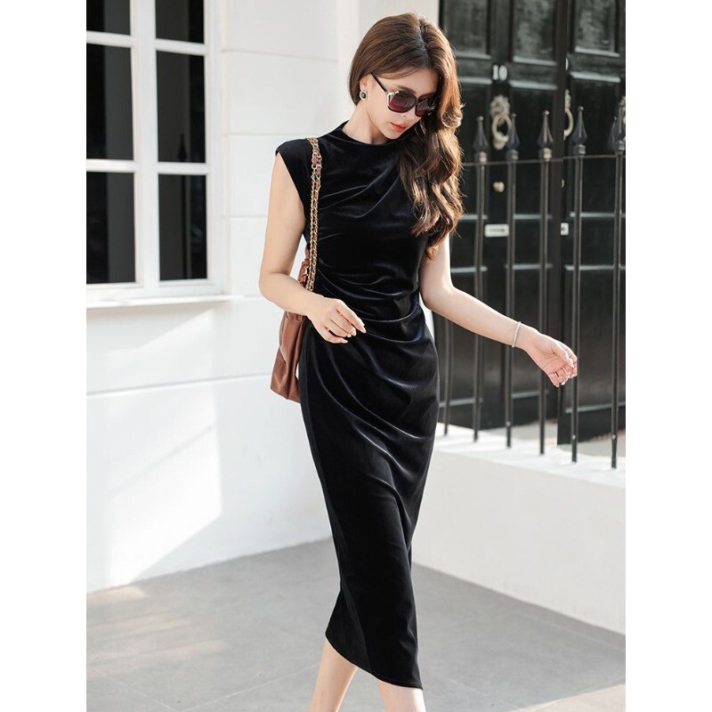 Femme Velours Robe sans Manches Slim Fit Faux Robe Col Plissé Fentes de Côté