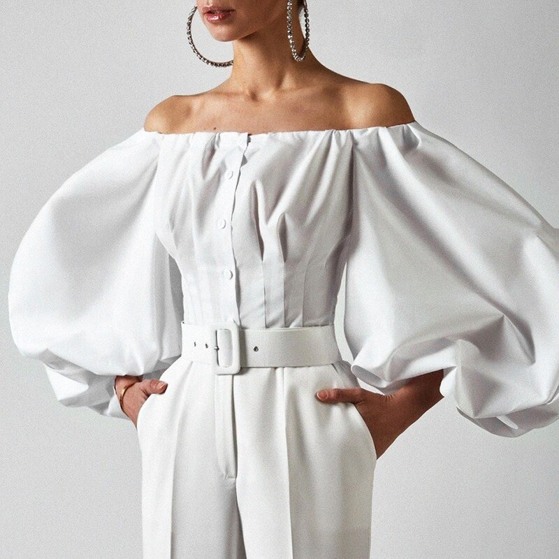 Blouse En Coton Dame Épaules Dénudées Manches Bouffantes Plissée Princesse Slim