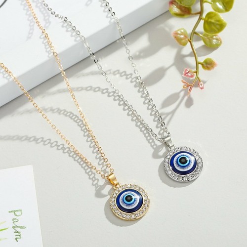 Crystal Evil Eye Pendant Necklace Round Gold Plated Chain Jewelry Gift For Women
