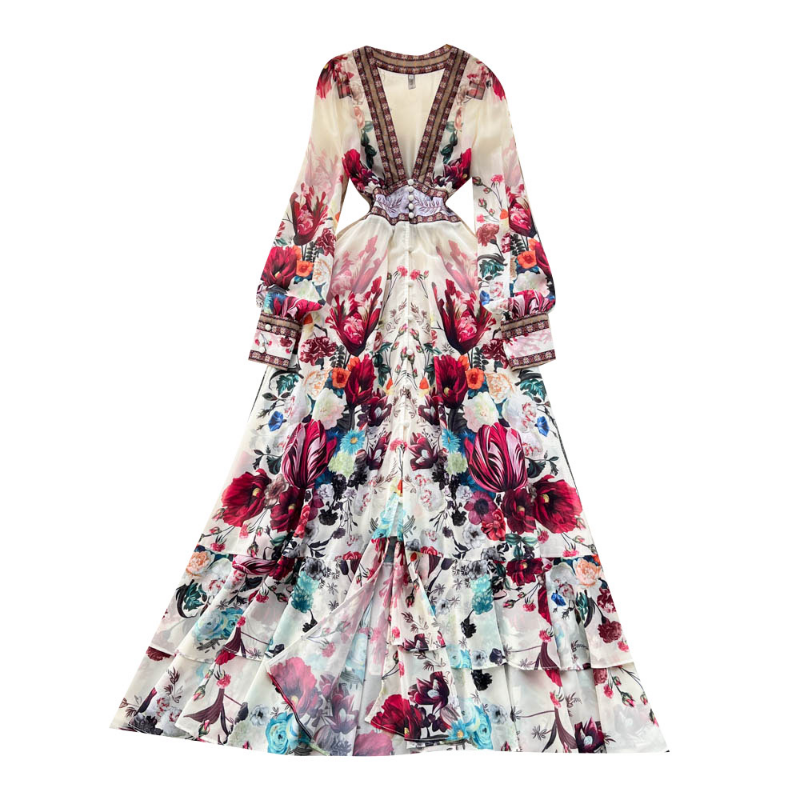 Damen Blumen Chiffon Kleid Lang Ärmel Knopf A-Linie Beach Boho Edle