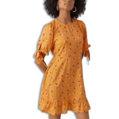 Vero Mada Mini Dress Short Tie Sleeves Ruffled Hemline Floral Orange Small NWT