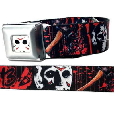 Friday The 13th Jason Mask Blood Splatter Axe Seatbelt Style Belt Buckle-Down