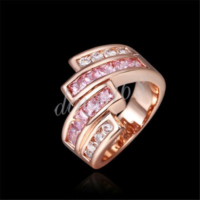 18K Rose Gold Filled Tarnish-Resist white/pink Cubic Zirconia CZ Wide Ring E0982