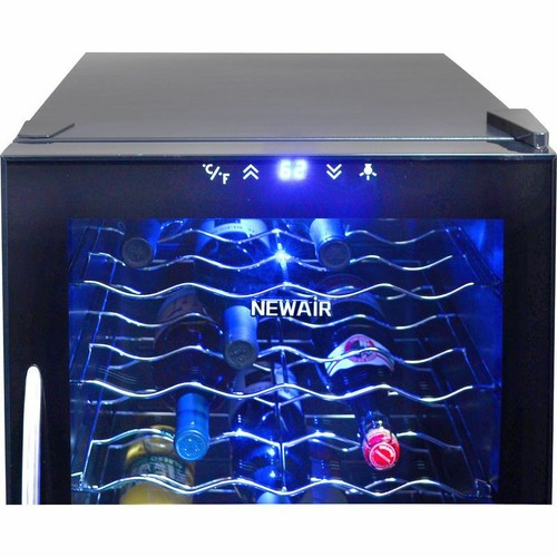 Blue Illuminated 28 Bottle Thermoelectric Wine Cooler, Black Refrigerator Cellar