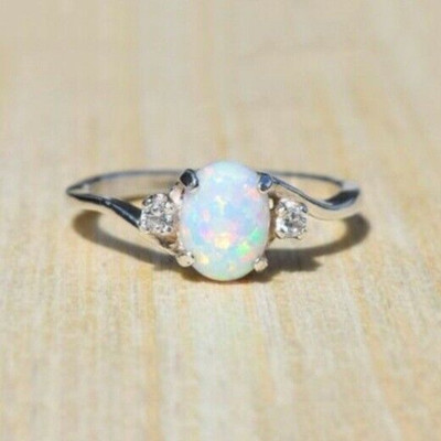 Women Fashion White Fire Opal Rings 925 Silver Wedding Party Jewelry Size 6-10