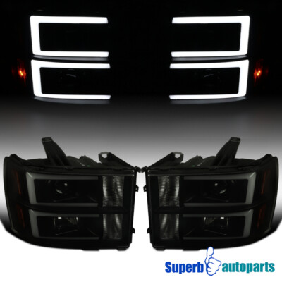 Fits 2007-2014 GMC Sierra 1500 3500HD Projector Headlights LED Strip Black Smoke
