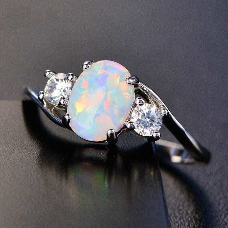 Natural Silver White Fire Opal Wedding Rings  For Women 