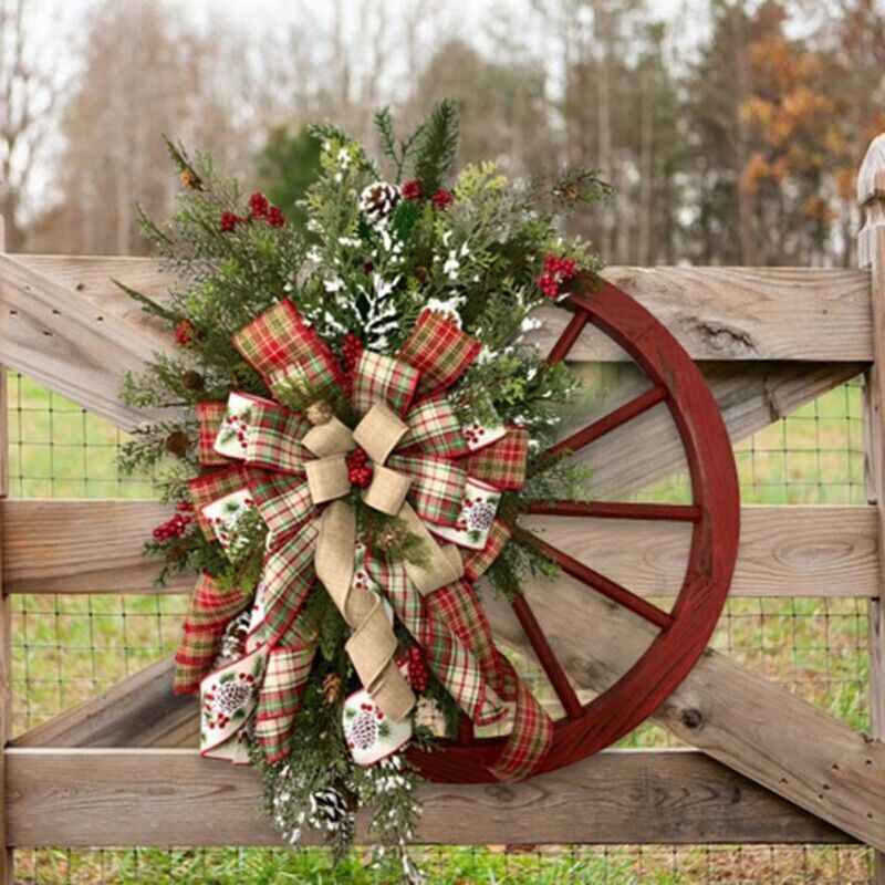 Christmas Red Wagon Wheel Wreath - Front Door Reusable Vintage Xmas Garland Gift