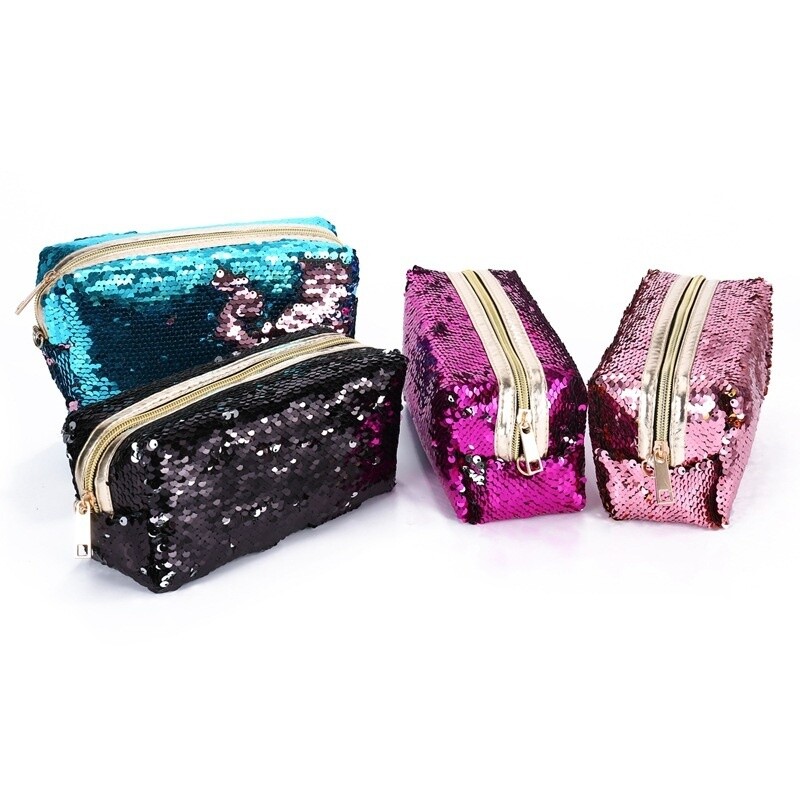 Pen Bag Pencil Case Pouch Zip Cosmetic Travel Large Capacity Sequins Reversible