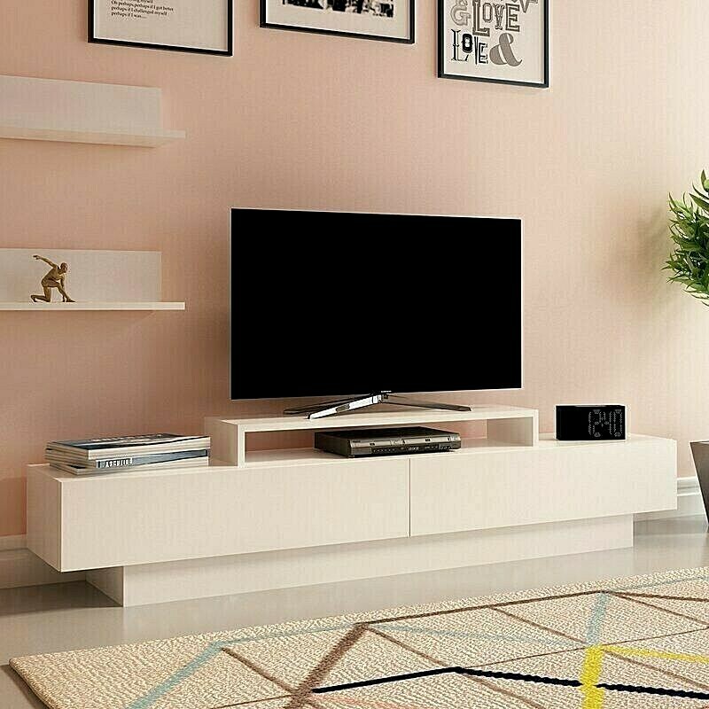 Media Storage 2 Door Sound Bar Shelf  Wood Sleek White