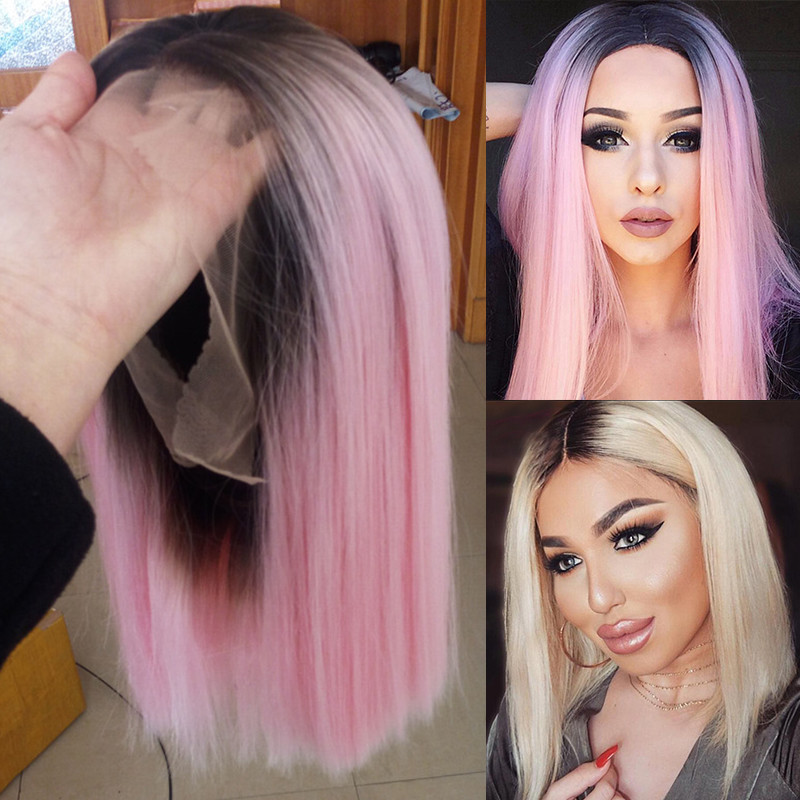 Bob Short Straight Full Wig Pastel Ombre Black Pink Lace Front
