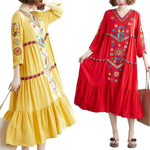 Damen Ethnisch Bestickt Kaftan Baumwolle Leinen Beach Boho Maxi Kleider Urlaub L Ebay