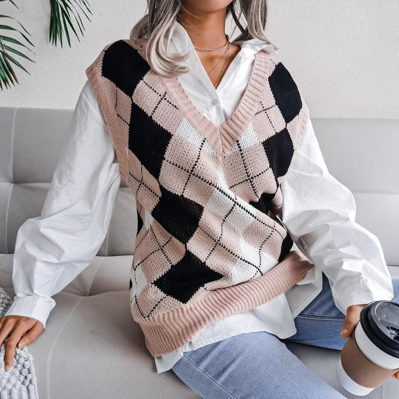 Ladies Tank Top Knitted Waistcoat Checked Sweater Jumper Plaid Knitwear Casual