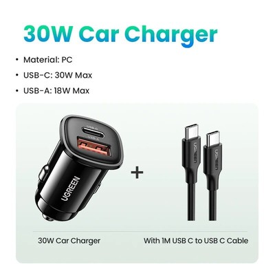 UGREEN 30W USB C Car Charger PD3.0 5A for Samsung Galaxy Xiaomi Quick Charge 4.0