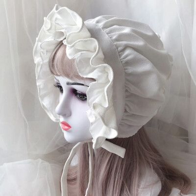 Women Retro Lolita Hat Ruffled Bonnet Cap Cute Victorian Medieval Lace Up Sweet 