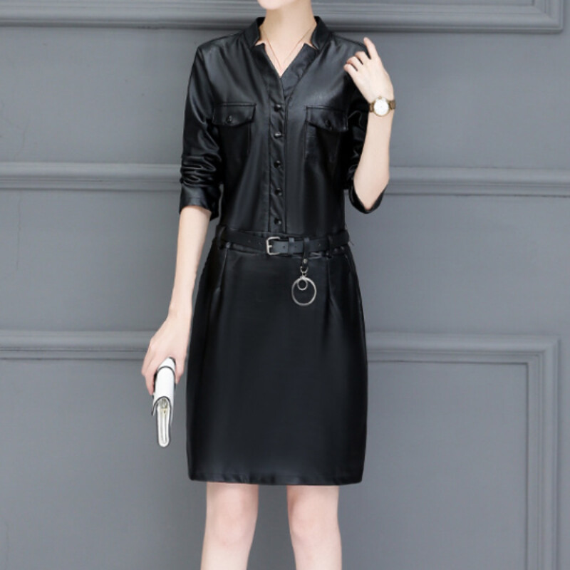 Women Faux Leather Dress with Belt V Neck Long Sleeve Punk Gothic Casual