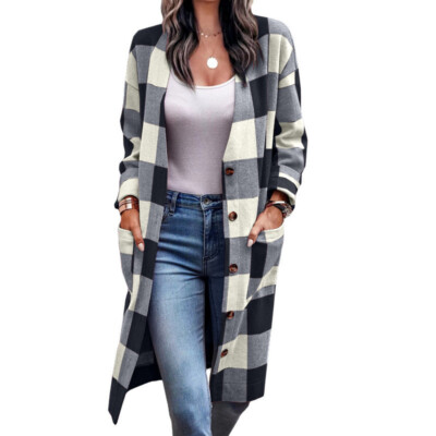 Women's loose plaid button pocket printed coat cardigan