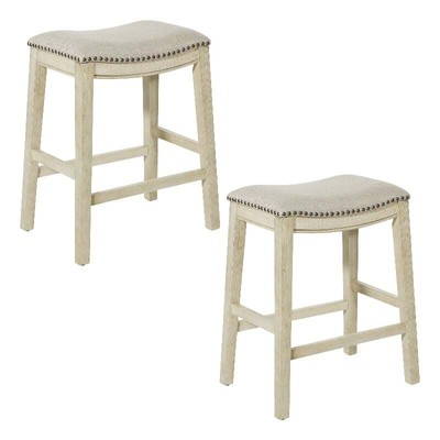 Pemberly Row Saddle Stool Beige Fabric & Antique White Base & Nailheads 2 Pack