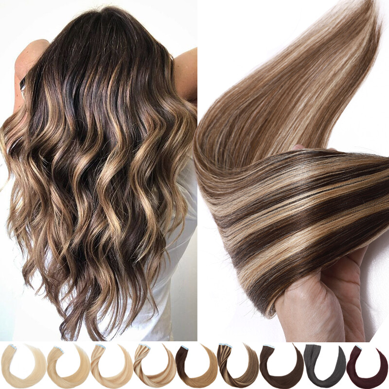 Balayage Seamless Tape In 100% Real Remy Human Hair Extensions Full Head Glue US