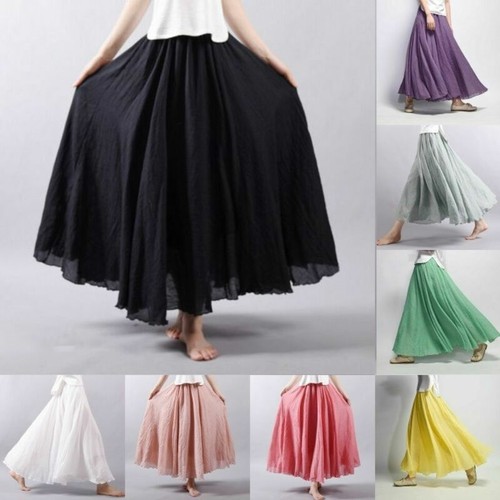Hot Women Linen Boho Pleated Maxi Long Beach Skirt Casual Cotton Dress Vintage