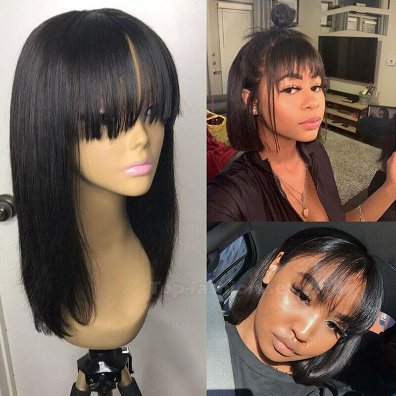 Short Bob Full Wigs With Bangs 8a 1b Brazilian Virgin Human Hair