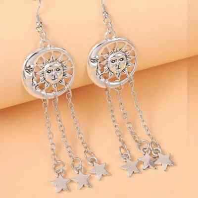 Unique 925 Sterling Silver Star Amulet Moon Sun Face Amulet Dangle Drop Earrings