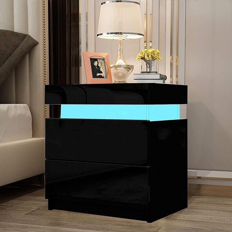 Bedside Table LED  Nightstand With Drawers Storage Bedroom High