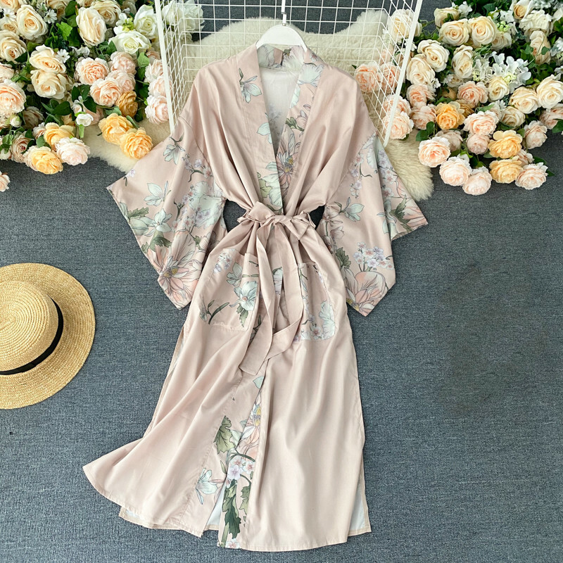 Veste Kimono Japonaise Longue Robe De Bain Satin Imprimé Floral