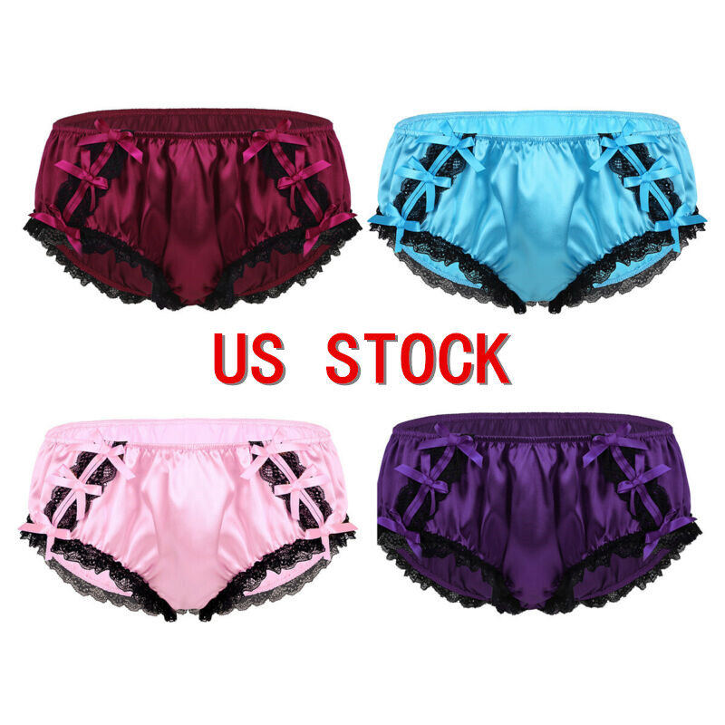 US Mens Sissy Briefs Ruffled Satin Lace Trim Panties Crossdress Bikini