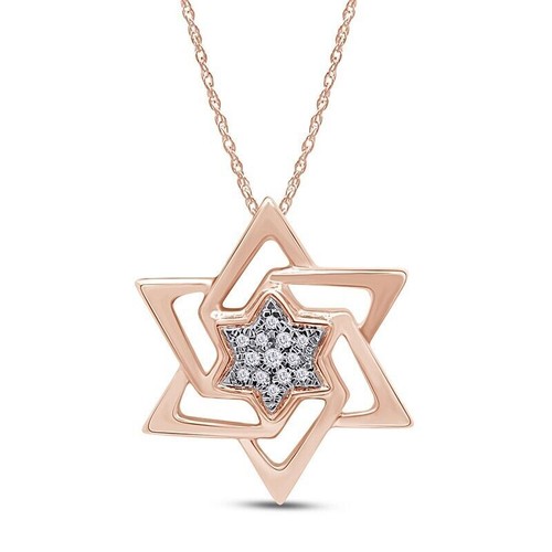 Natural Diamond Accent Star of David Pendant 14K Solid Rose Gold 18" chain