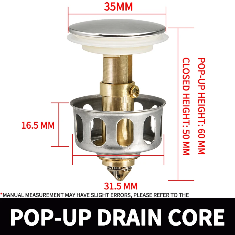 Universal Stainless Steel Pop-Up Basin Drain Core, Press Type Sink Drain Plug An