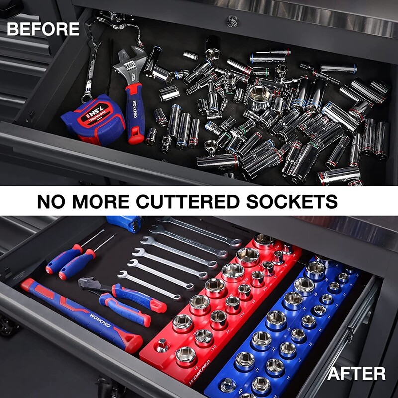WORKPRO 2PC 1/2" Magnetic Socket Organizer Set Socket Holder Cart Set SAE Metric