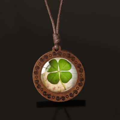 Boho Lucky Crystal Four Leaf Clover Wooden Necklace Irish Shamrock Chain
