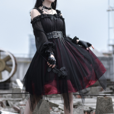 Lady Lolita Gothic Dress Ruffle Mesh Puff Sleeve Steampunk Cosplay Irregular