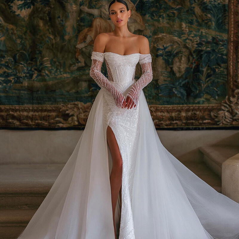 Round Neckling Long Sleeves Sequin Tulle Wedding Dresses, Sparkle Wedding Dresses, 2021 Wedding Dresses Round Neckling Long Sleeves Sequin Tulle Wedding Dresses, Sparkle Wedding Dresses, 2021 Wedding Dresses