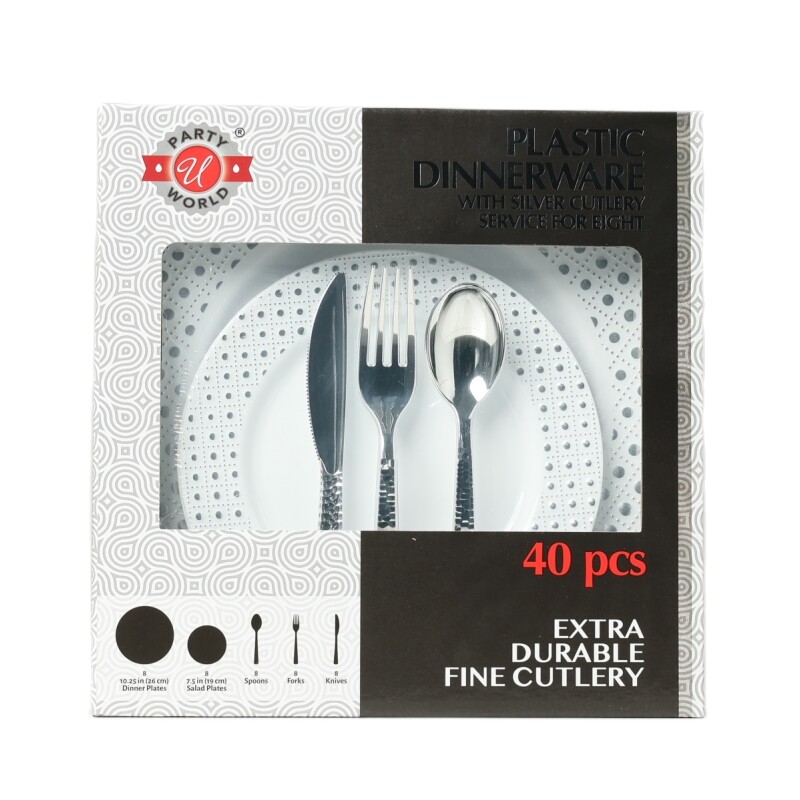 120PCS Plastic Dinnerware Silver Plastic Plates Spoons Forks & Knives for Party