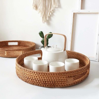 Rattan Tablett Holztablett Serviertablett rund Tablett 30~36cm gewebter Korb