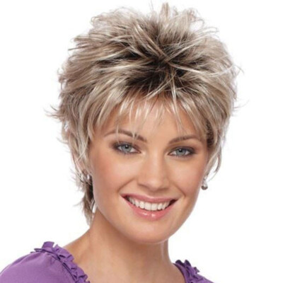 Short Dark Brown Mixed Blonde Highlight Pixie Cut Wigs Synthetic Layered Wigs