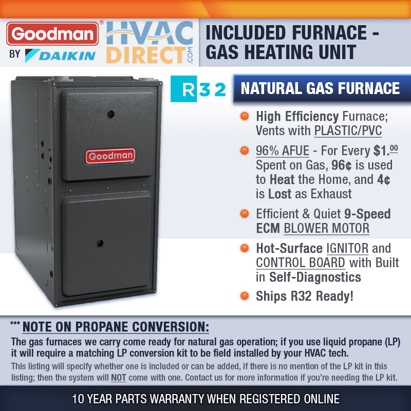 Goodman 2.5 Ton R32 Air Conditioner & 96% 60000 BTU Upflow Gas Furnace System