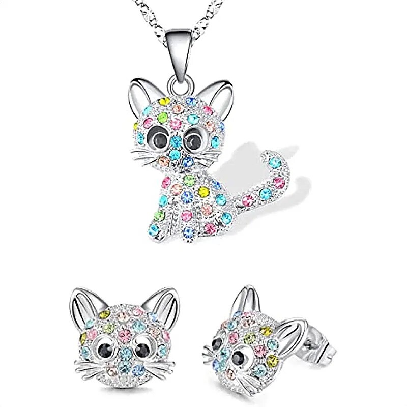 Colourful Cat Necklace or Earrings * 18ct White Gold Finish * 45cm 17.7in chain