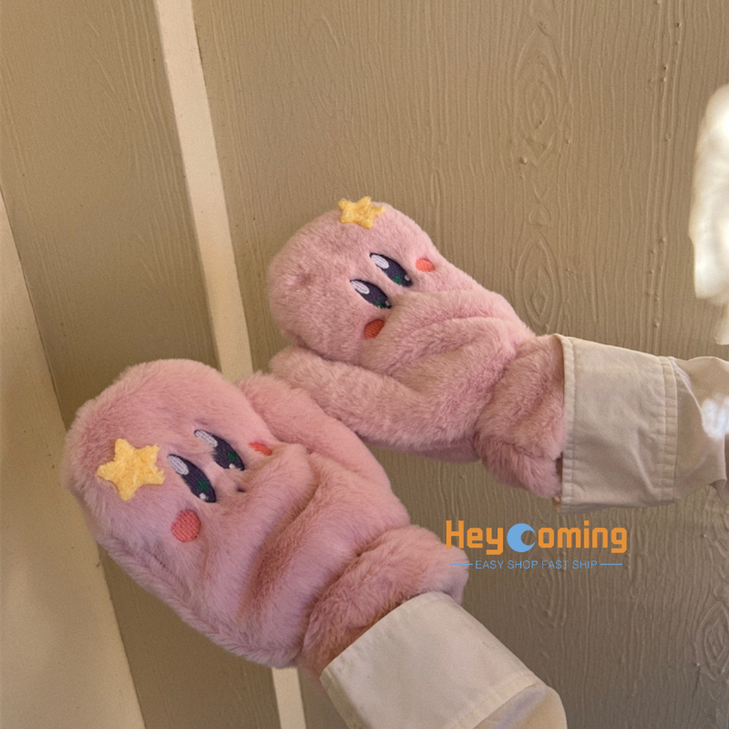 Kirby Cute Thick Winter Plush Hat & Gloves Warm Student Cartoon Knitted Gloves