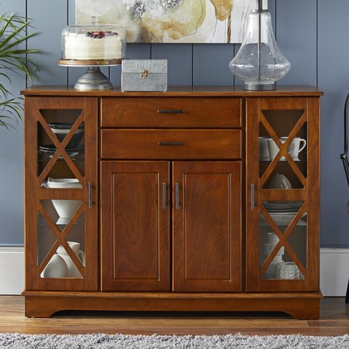 Walnut Finish Wooden Buffet Server Storage Cabinet Dining China Hutch Sideboard