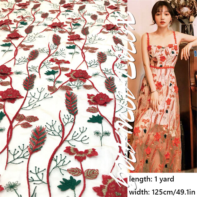 1 Yard 3D Embroidery Floral Mesh Fabric Cloth for Wedding Dress DIY Material