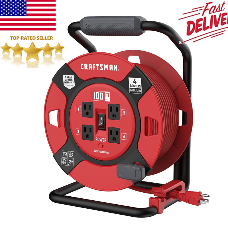 100 Ft Retractable Extension Cord Reel w/4 Outlets & Heavy Duty 14AWG SJTW Cable