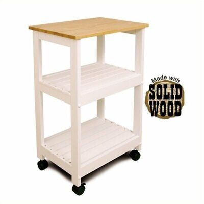 Bowery Hill Wood Microwave Utility Butcher Block Kitchen Cart in White Lacquer