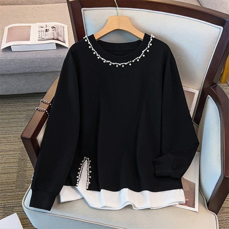 Damen Oversize Sweatshirt Frauen Bead Longsleeve Pullover Top Rundhals Locker