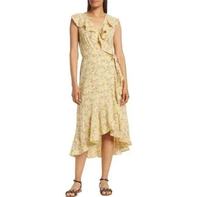 Max Studio Summer Wrap Dress Ruffle Midi Yellow Floral Flowy Hi Lo Sz L