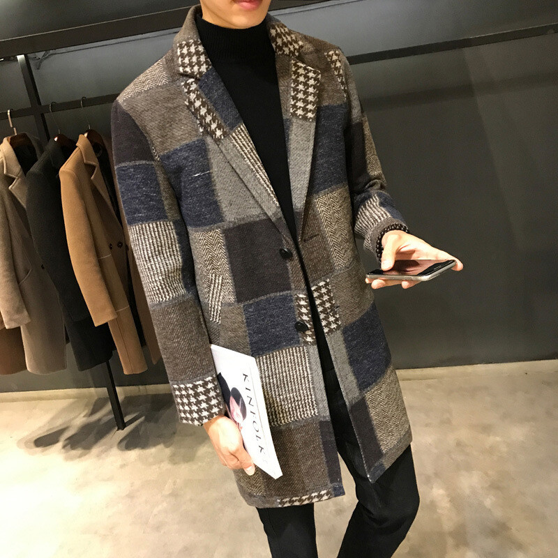 Mens Single Breasted Slim Fit Long Check Trench Coat Color Stitching Overcoat